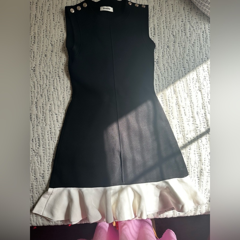 Sandro Black Sleeveless Dress White Ruffle Hem Size S